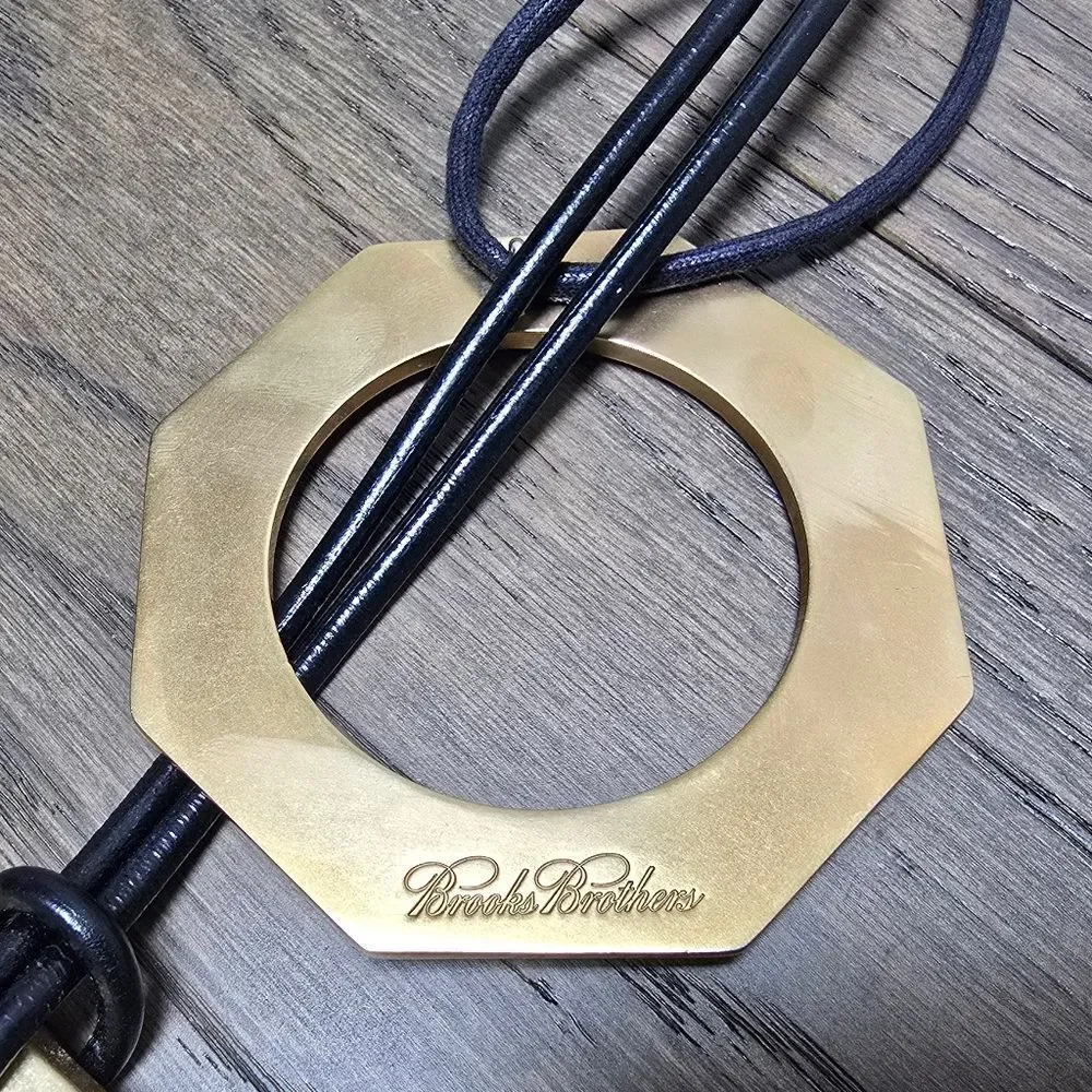 Brooks Brothers Hexagonal Black Leather & Gold Large Statement Necklace Pair